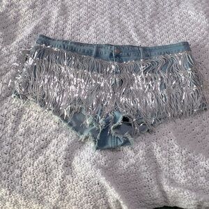 Xpluswear Silver Party Sequin Fringe Denim Short